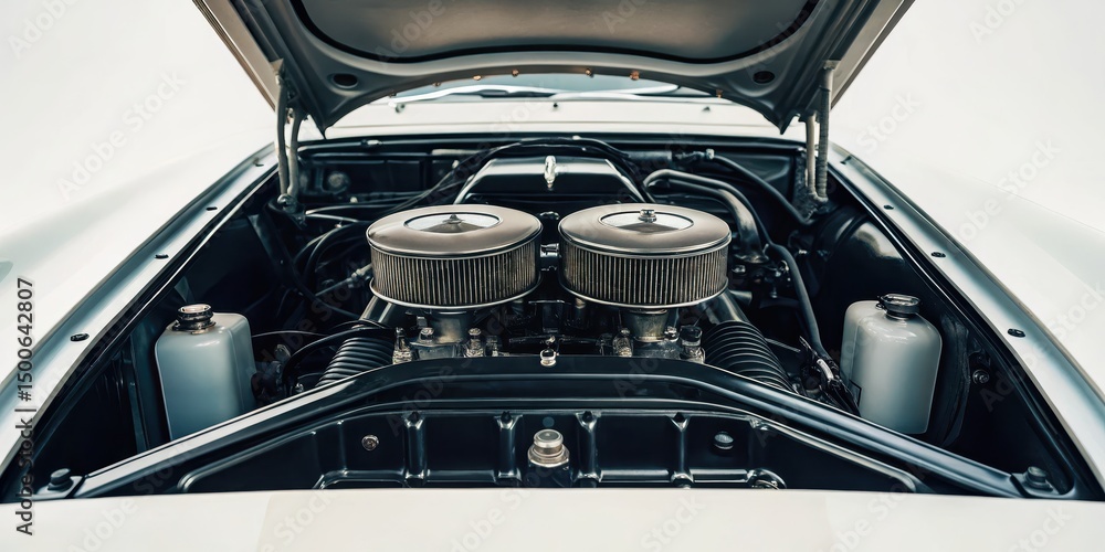 Obraz premium Classic car engine with dual carburetors showcased under the hood.