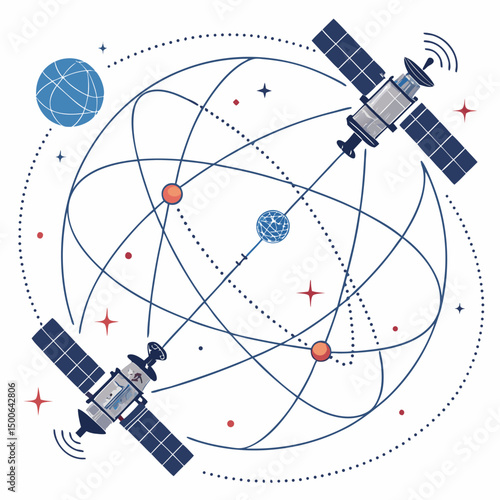 Design a bold, vector illustration depicting quantum communication;  emphasize strong lines and a futuristic aesthetic.