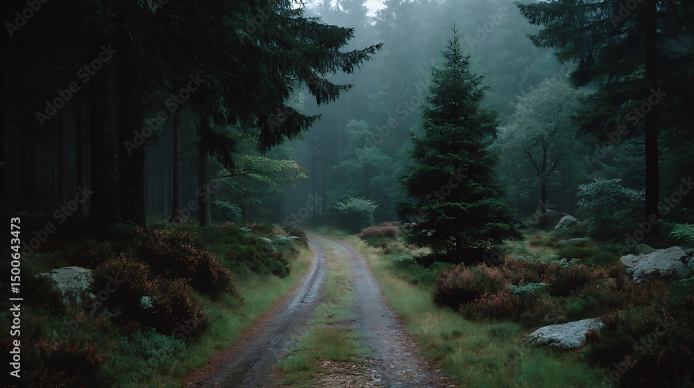 Obraz premium Misty forest path winding through the evergreens
