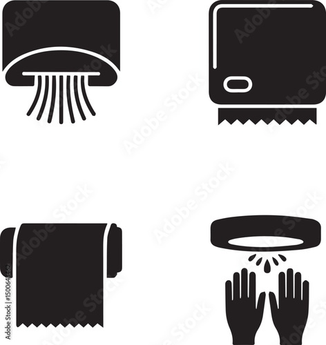 A minimalistic vector icon set various styles of hand-drying methods in black silhouette design on a white background
