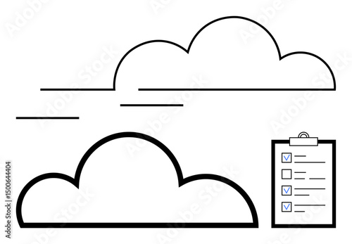 Minimalist depiction of two clouds and a clipboard with a checklist. Ideal for planning, data management, cloud computing, productivity, organization, task tracking, simple landing page