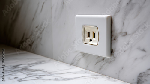 Close up of GFCI electrical outlet installed marble wall bathroom renovation, showing proper