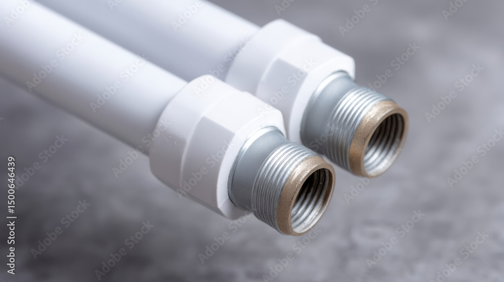 Close up of insulated hot water pipes with labeled fittings, ready for installation or repair Close up of insulated hot water pipes with labeled fittings, ready for installation or repair