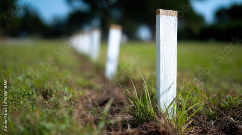 Row of white property line markers grassy field with clear sky background, used for fence