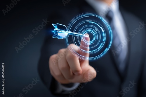 Businessman touching digital target hologram.