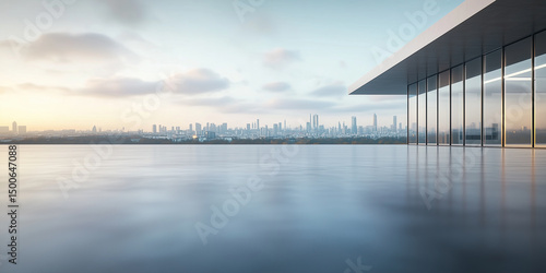 Concrete floor or slab, empty space or area at outdoor. Include modern building exterior of showroom, shop or store. Background design with sky, urban city for display auto car, automobile, automotive