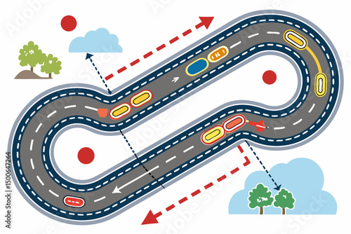 Create a vector illustration of a Japanese drift racing track map with bold, clean lines.  Include hairpin turns and challenging curves.