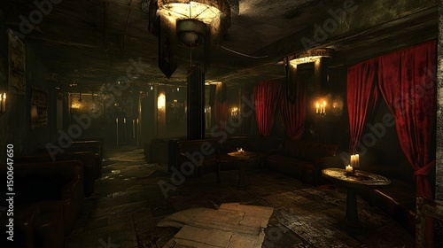 Dark, dimly lit interior of a subterranean tavern.