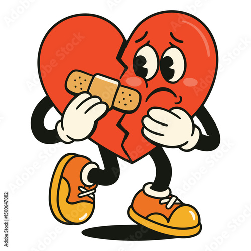 Broken Heart Character Holding Bandage with Sad Expression