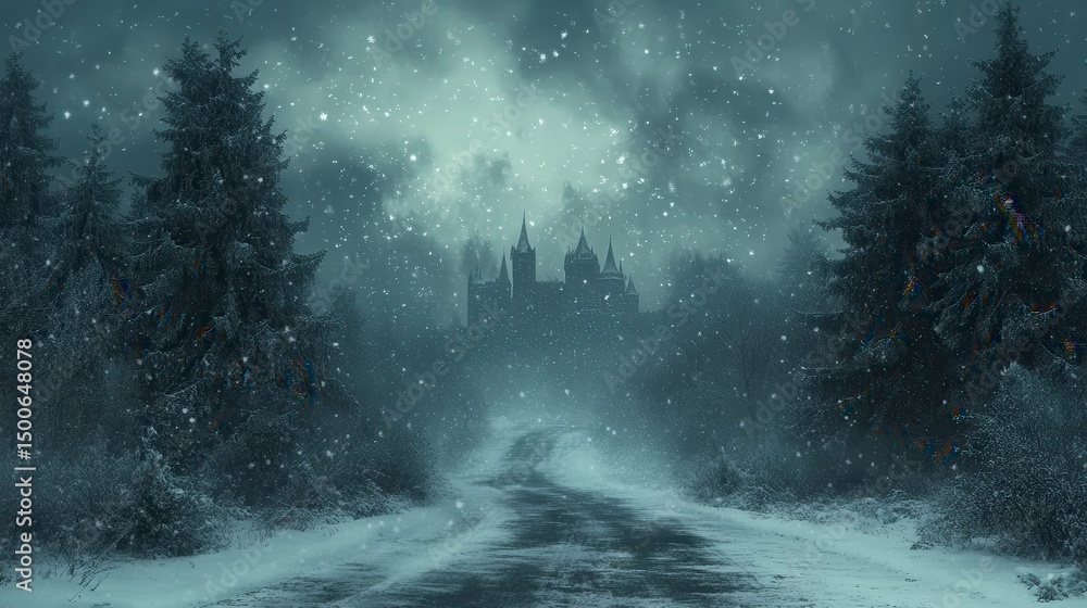 Obraz premium Snowy path leads to a distant castle amid a blizzard and dense, dark forest