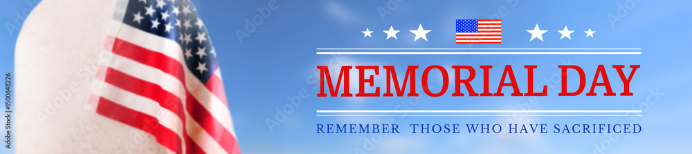 Fototapeta premium Blurred view of the cemetery and US flag on the lawn. Memorial Day background. 3d illustration