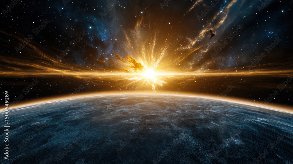 Stunning cosmic scene featuring vibrant sunrise over distant planet, showcasing beauty of space Stunning cosmic scene featuring vibrant sunrise over distant planet, showcasing beauty of space