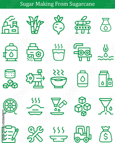 Sugar Production Icons – Sugarcane Processing, Extraction & Refining Symbols