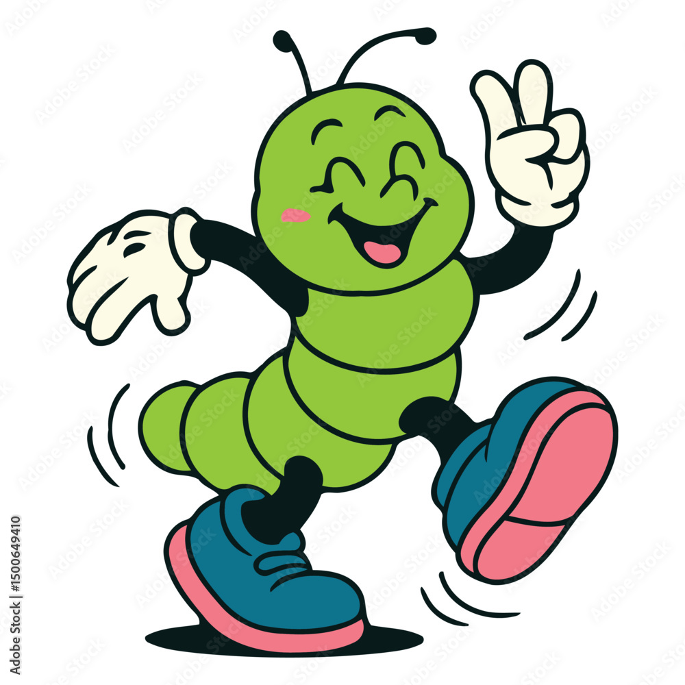 Obraz premium Cheerful Green Caterpillar Character Flashing Peace Sign