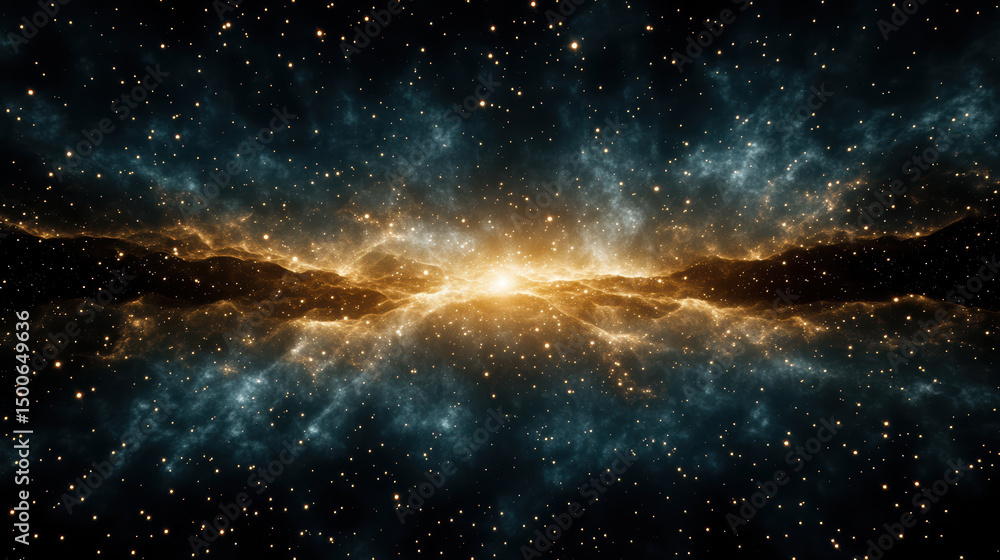 Obraz premium Stunning cosmic scene featuring bright, glowing center surrounded by swirling clouds of gas