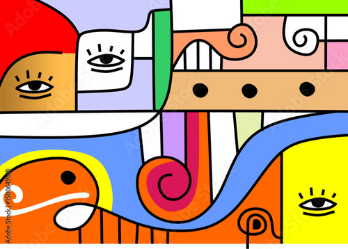 Modern cubist face art in vivid hues, combining abstract line work with expressive eyes and stylized shapes.