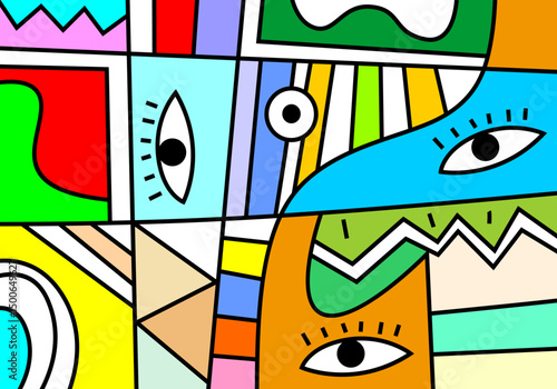 Modern cubist face art in vivid hues, combining abstract line work with expressive eyes and stylized shapes.