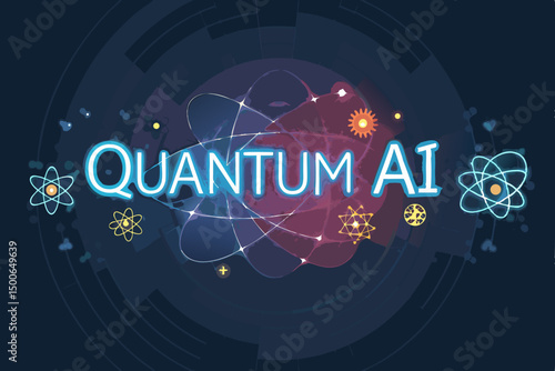 Generate a vibrant vector illustration of quantum AI, showcasing energy rings, glowing particles, and a prominent 'm' symbol, representing advanced machine learning.
