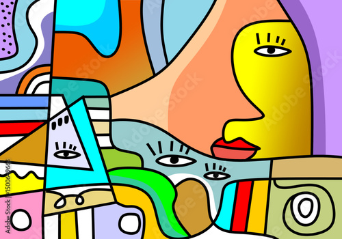 Modern cubist face art in vivid hues, combining abstract line work with expressive eyes and stylized shapes.
