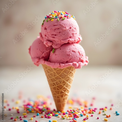 This photo shows three scoops of pink ice cream on top of a cone.
