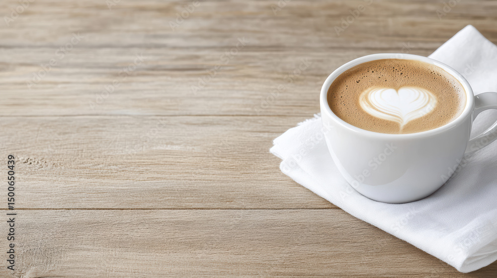Fototapeta premium Aromatic coffee with heart shaped latte art on wooden table, inviting warmth and comfort
