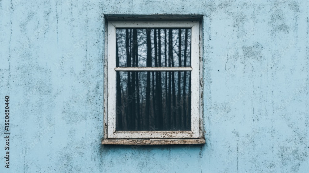 A small window on a blue wall reflects tall trees, creating a contrast between nature and urban structure. A small window on a blue wall reflects tall trees, creating a contrast between nature and urban structure.