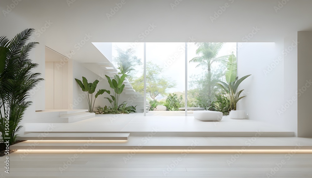 Fototapeta premium Minimalist interior design with tropical plants and natural light.