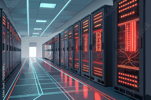 Create a vector illustration of a futuristic supercomputer server room, featuring glowing servers and bold, vibrant colors.  Emphasize technological advancement.