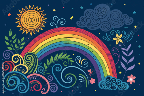 Create a vibrant vector background featuring a hand playfully interacting with a rainbow doodle pattern.  Include bright, saturated colors and a whimsical style.