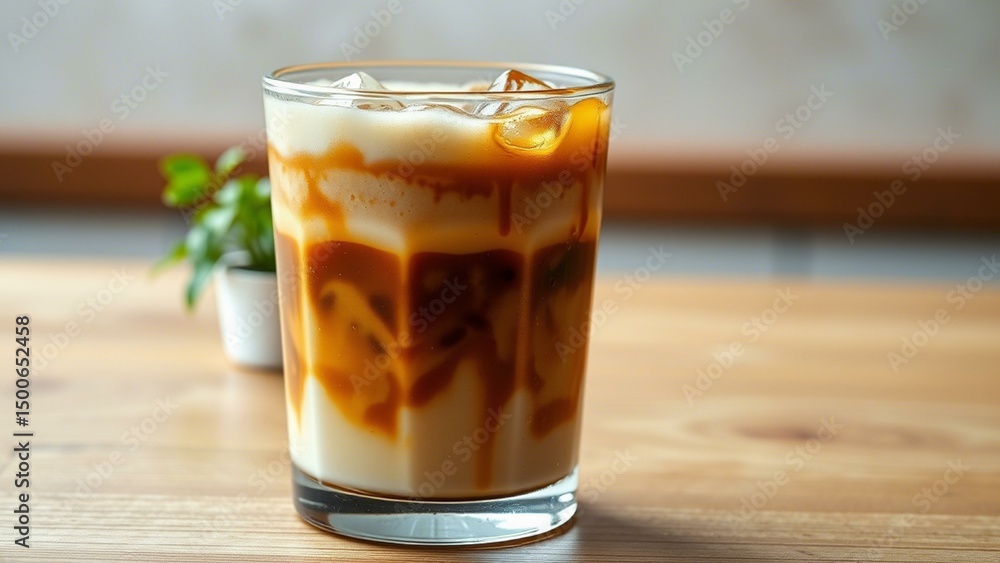 Cold Brew Milk Coffee in Tall Glass with Visible Espresso and Milk Layers � Ideal Stock Image for Cafe Marketing, Menus, and Food and Drink Promotions Cold Brew Milk Coffee in Tall Glass with Visible Espresso and Milk Layers � Ideal Stock Image for Cafe Marketing, Menus, and Food and Drink Promotions