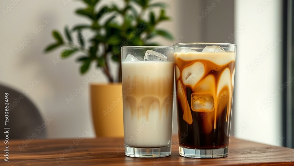 Cold Brew Iced Coffee Latte in High Glass Featuring Espresso and Ice Cubes � Ideal Summer Refreshment Image for Menus, Social Media, and Advertisements Cold Brew Iced Coffee Latte in High Glass Featuring Espresso and Ice Cubes � Ideal Summer Refreshment Image for Menus, Social Media, and Advertisements