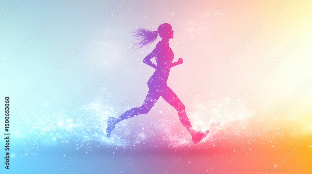 Fototapeta premium Silhouette of a female runner in motion gradient background and glowing particles symbolizing energy and speed for fitness and well being