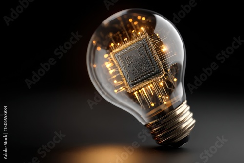 The concept of innovation portrayed through an AI chip embedded in a glowing light bulb.