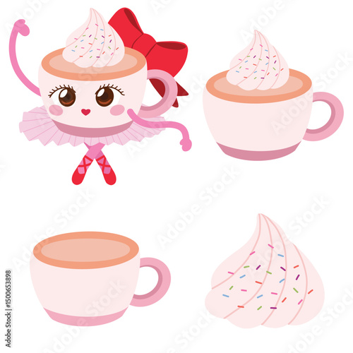 Ballerina Cappuccina set include cup of coffee and cream sprinkle illustration