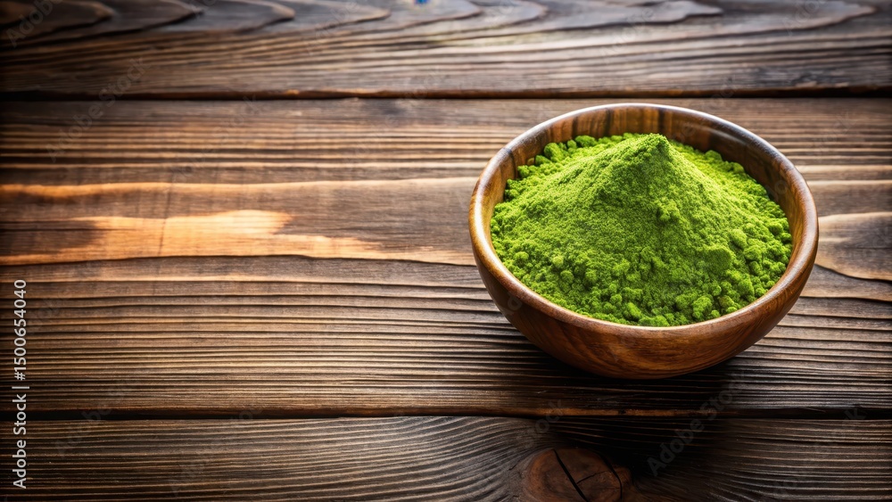 Matcha green tea powder in bowl on wooden background, peaceful scene Matcha green tea powder in bowl on wooden background, peaceful scene