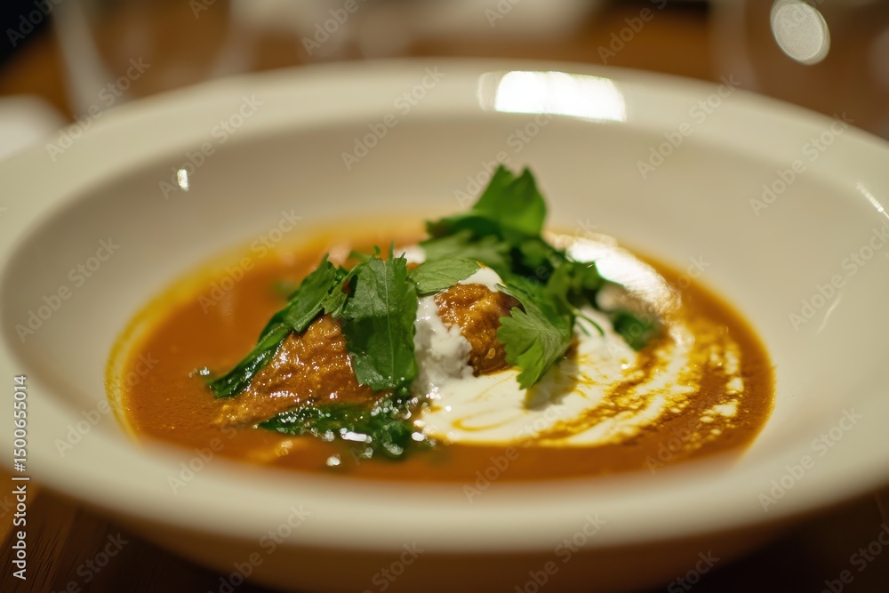 Delicious Indian curry with herbs and yogurt served in bowl Delicious Indian curry with herbs and yogurt served in bowl