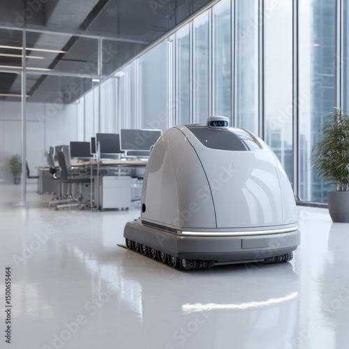 High-tech office being cleaned by a robotic assistant, ensuring a spotless environment.