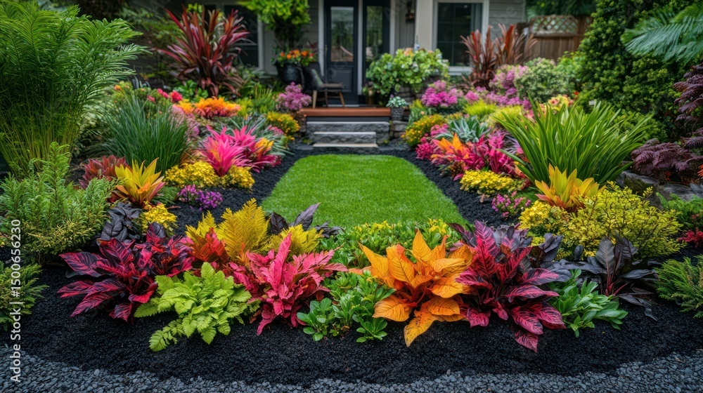 Fototapeta premium Lush tropical garden design with vibrant foliage, manicured lawn, and decorative stone border