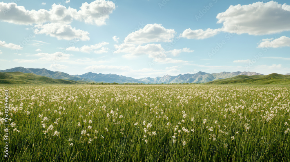 Lush green meadow with blooming flowers under bright blue sky and distant mountains Lush green meadow with blooming flowers under bright blue sky and distant mountains