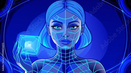 Abstract dark horror art of a woman's head with an evil mask and monster expression, blending fashion and Halloween beauty