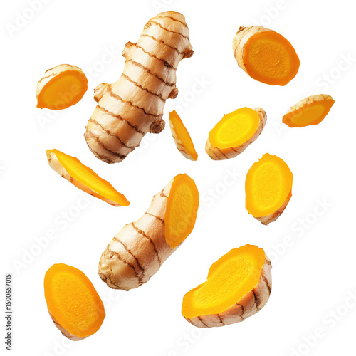 A vibrant image showcasing fresh turmeric roots and slices against a stark black background creating contrast