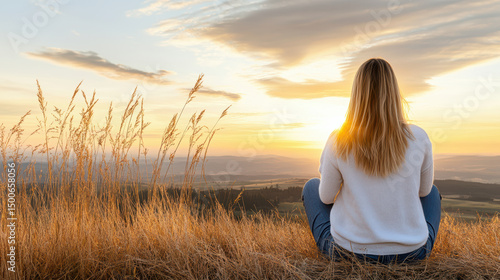Wallpaper Mural Woman sitting on grass, watching golden sunset over hills, feeling peaceful and reflective Torontodigital.ca