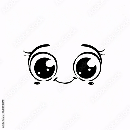 Adorable cartoon face with large sparkling eyes and shy smile in minimalist black and white style
