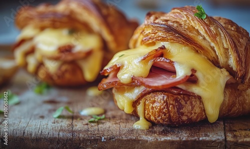 Melted cheese and ham croissant sandwich on wooden board