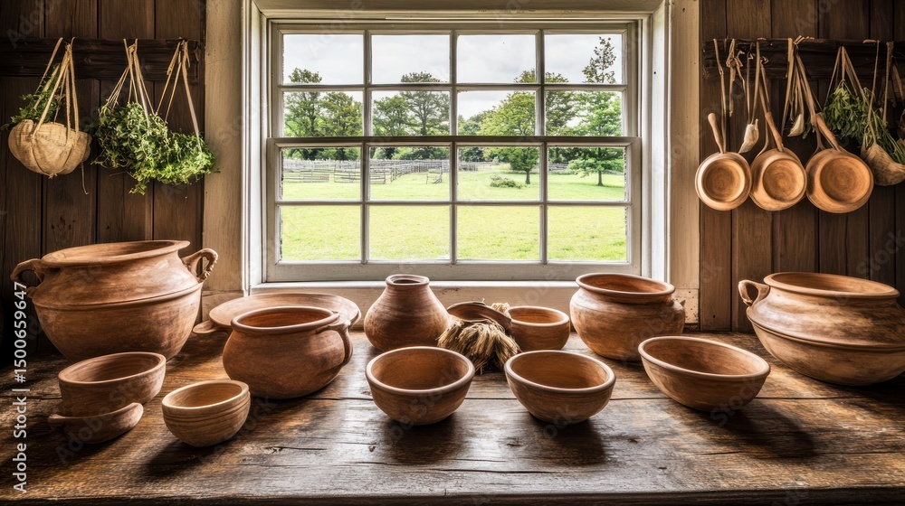 Rustic pottery collection by a window, showcasing handcrafted earthenware pieces on a wooden table