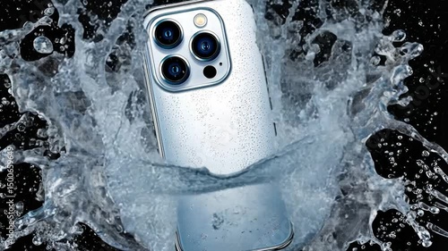 Modern smartphone surrounded by splashes of water on a black background showcasing vibrant design and technology