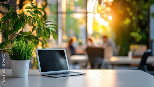 Wallpaper Mural Laptop and Plants in a Sunny Modern Office Torontodigital.ca