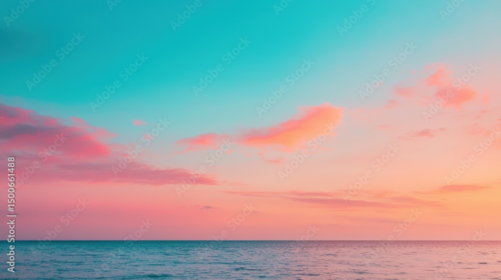 Naklejka premium Breathtaking sunset over a calm ocean, featuring a vibrant gradient sky in shades of pink and turquoise, creating a tranquil and colorful scene