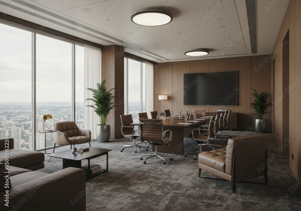 Fototapeta premium 3D Rendered Interior Office Space Featuring Modern Design With City View