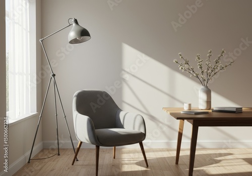 3D Rendered Interior Room With Chair Table Lamp Window and Bright Light